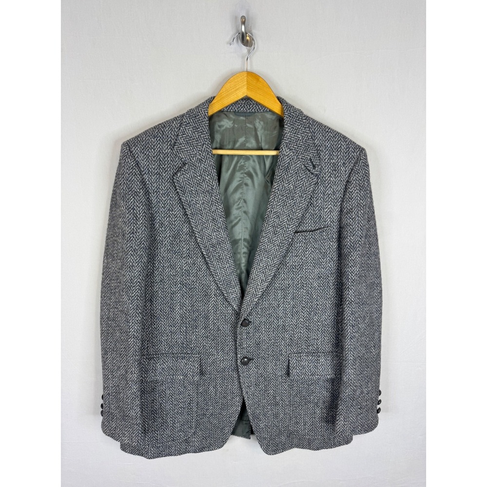Crombie Scotland Pure New Wool Herringbone Blazer Grey Blue Two Button Men 42R